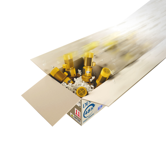 Scatola di cartone con pompe DESMI e materiali di imballaggio per la gestione dei fluidi.