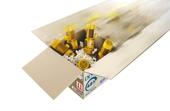 Cardboard box with DESMI pumps and packing materials for fluid handling.