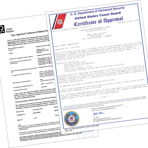 Approval certificates for DESMI CompactClean ballast water management system by Lloyd's and US Coast Guard.