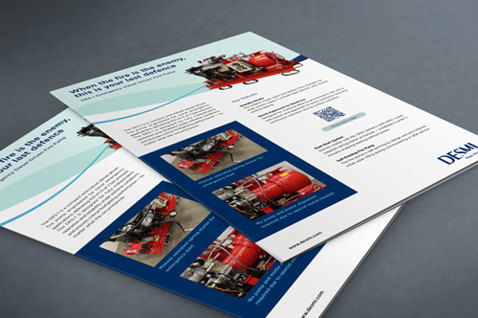 Brochures featuring DESMI fire-fighting equipment with images and text descriptions.
