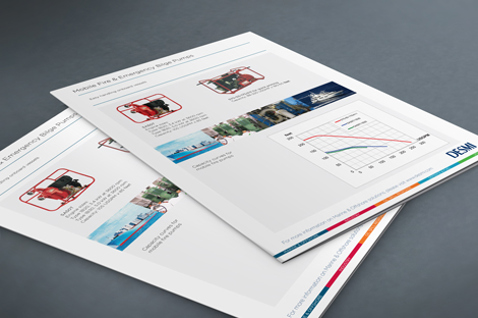 Brochures featuring DESMI products and performance graphs for fluid handling.