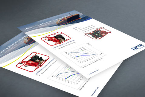 Brochures featuring DESMI products and performance graphs for fluid handling.