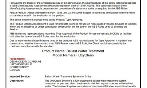 ABS certificate for DESMI OxyClean ballast water treatment system approval.