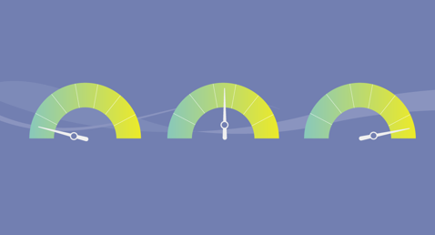 Three color-coded gauges on a blue background, each with different needle positions.