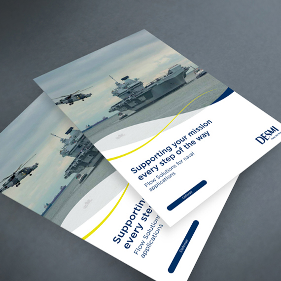 DESMI brochures showcasing naval applications with ships and helicopters on the cover.