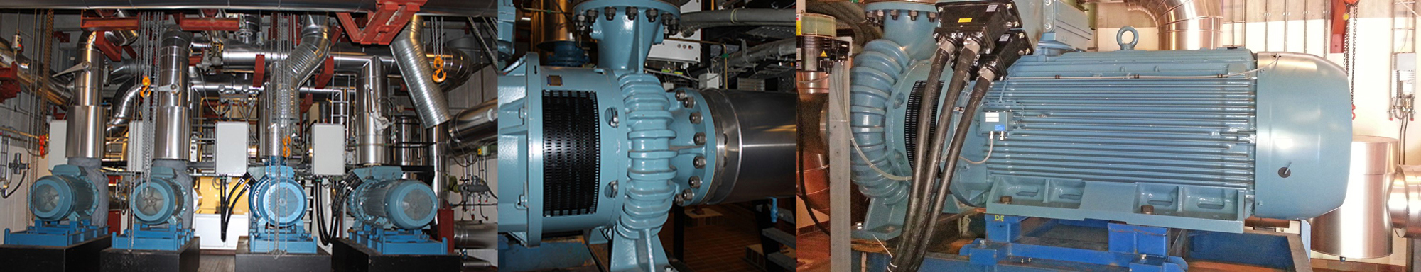 Industrial pumps and motors in a facility, featuring extensive piping systems.