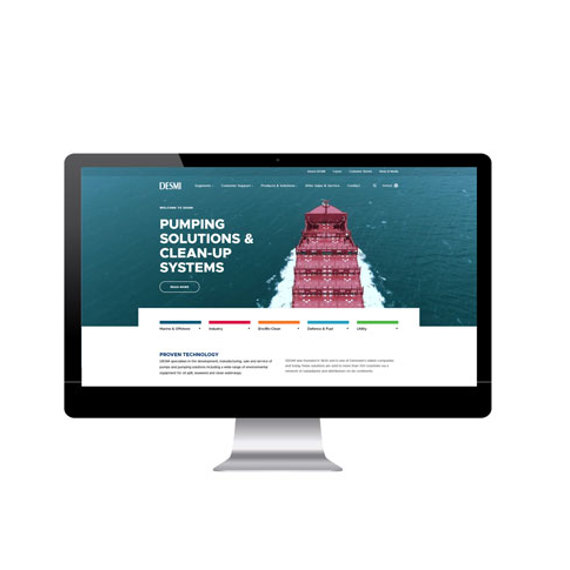 Computer screen displaying DESMI website with pumping solutions and clean-up systems.