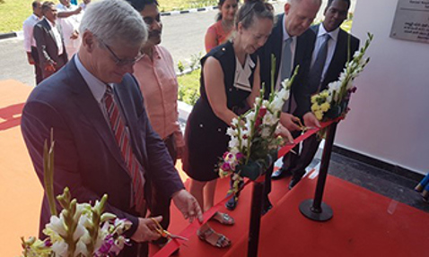 一群人在红地毯上参加剪彩仪式。