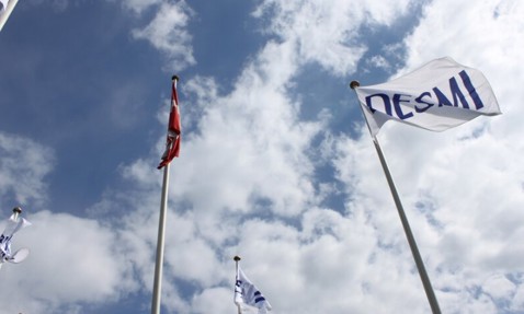DESMI和其他旗帜在多云的蓝天下飘扬。