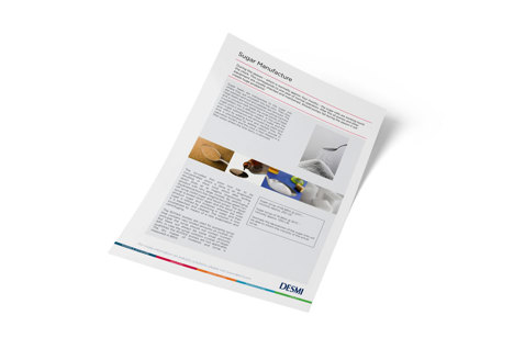 Brochure on sugar manufacture featuring DESMI fluid handling solutions and imagery.