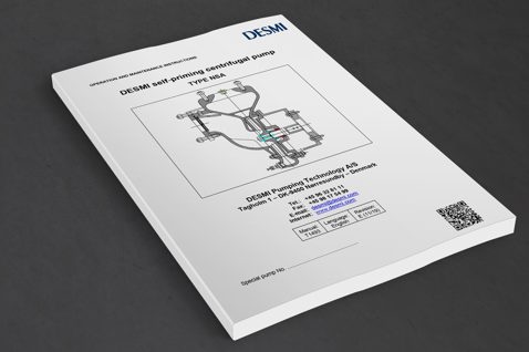 DESMI-manual for selvansugende centrifugalpumpe, Type NSA, med teknisk diagram.
