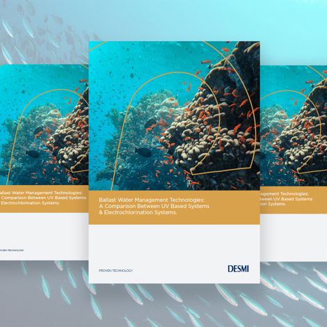 DESMI brochure on ballast water management with coral reef background.