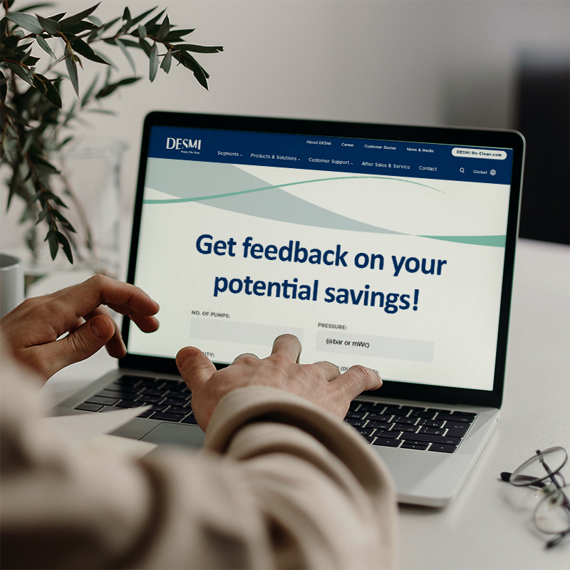 Person using laptop displaying DESMI's savings feedback webpage.