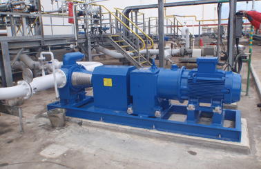 Blue industrial pump system in a facility for fluid handling operations.