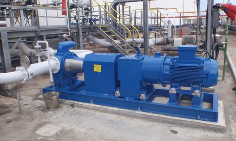 Blue industrial pump system in a facility for fluid handling operations.