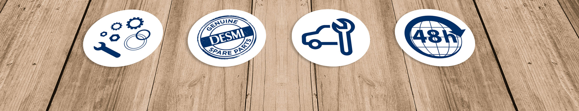 Four circular icons on wood: tools, DESMI spare parts, car service, 48-hour delivery.