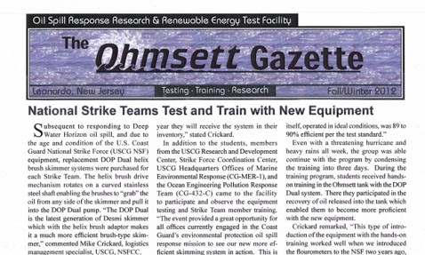 Page from "The Ohmsett Gazette" discussing new equipment for oil spill response training.