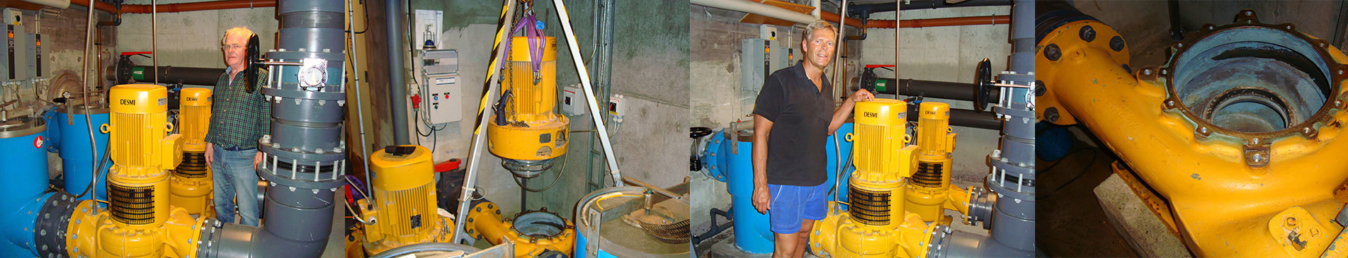 Two people in a mechanical room with DESMI pumps for fluid handling.