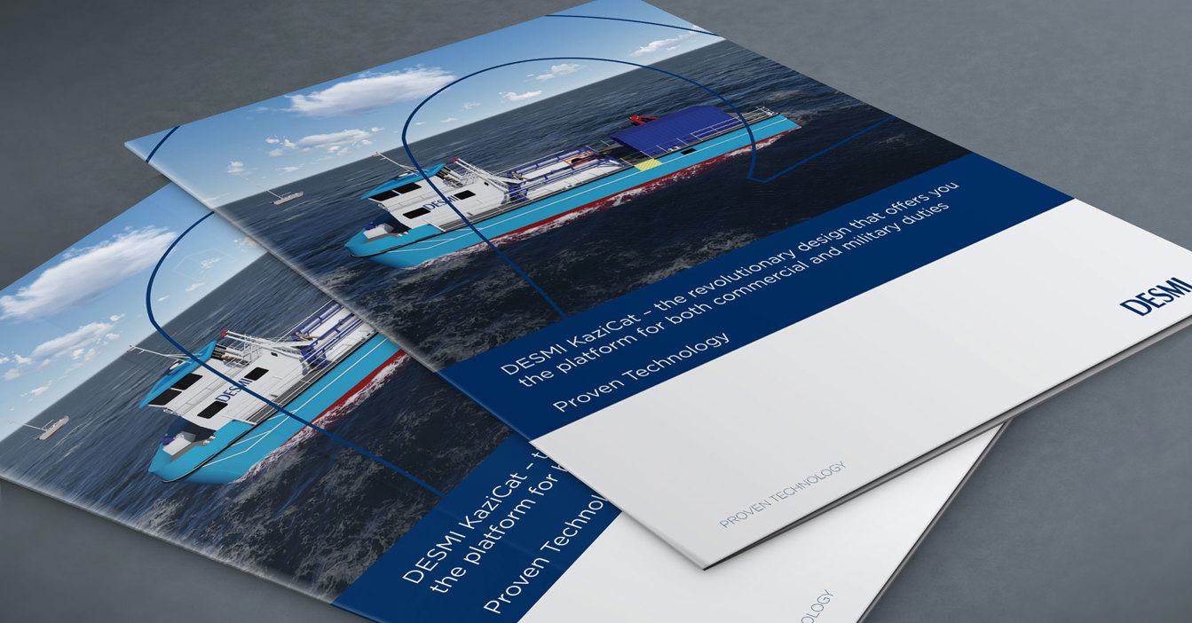 DESMI Kazicat brochure featuring a vessel design for commercial and military use.