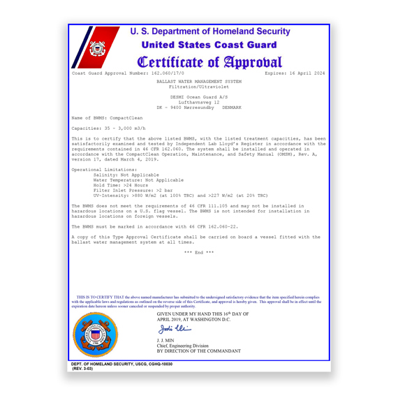 Certificate of Approval for DESMI's CompactClean Ballast Water Management System by U.S. Coast Guard.
