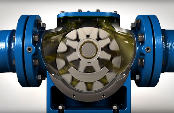 Industrial rotary lobe pump with visible internal mechanism for fluid handling.