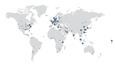 World map with various sized dots indicating locations or data points globally.