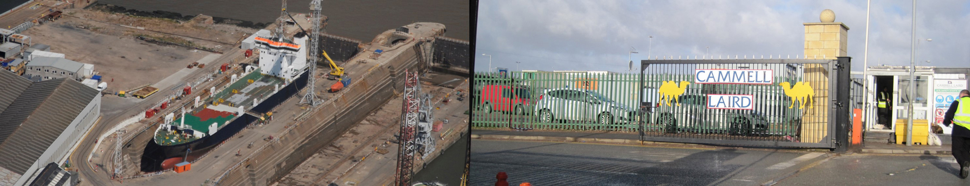 Ship in dry dock at Cammell Laird shipyard, with entrance gate visible.
