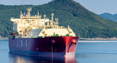 Large cargo ship anchored near a scenic, forested island.