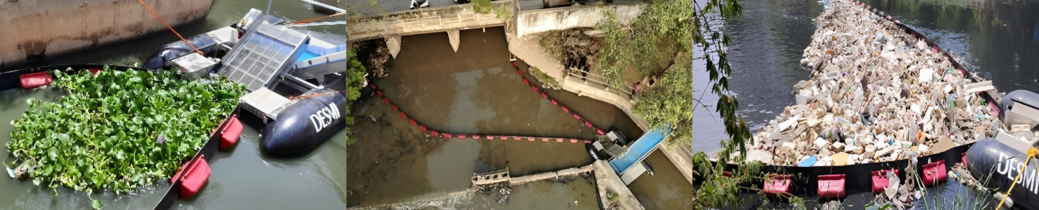 DESMI系统在水道中捕捉水生植物和碎屑以进行流体处理。
