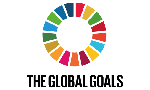 Colorful circular logo with text "The Global Goals" beneath it.
