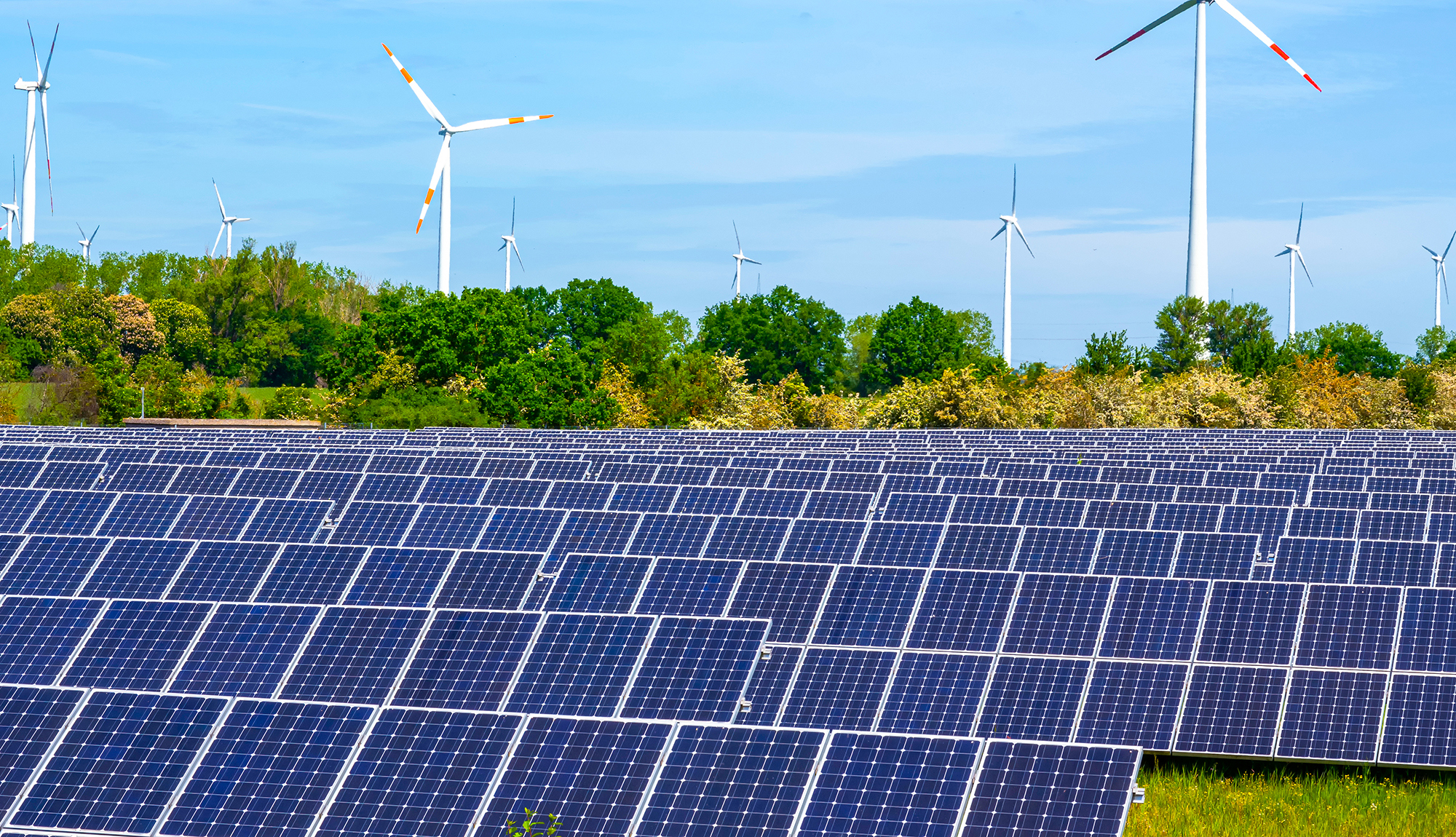Solpaneler och vindkraftverk i ett grönt landskap under en klar himmel.