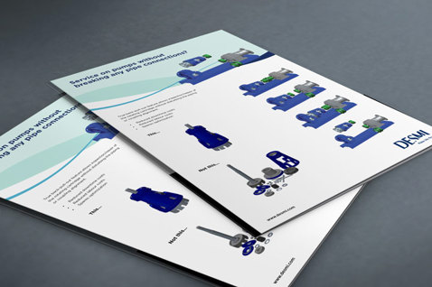 Brochures displaying DESMI fluid handling pumps and equipment on a table.