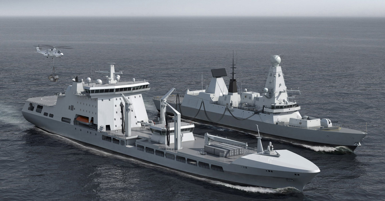 Two naval ships sailing with a helicopter transferring supplies overhead.