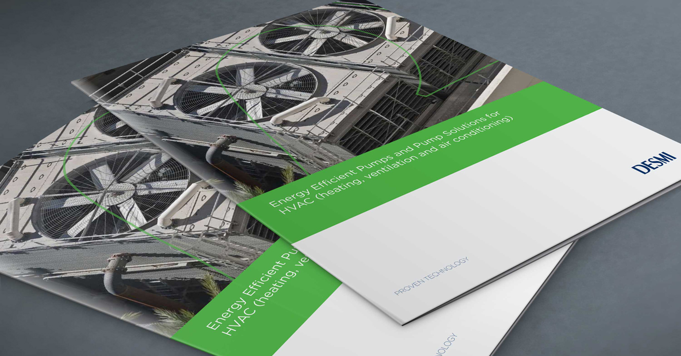 DESMI-broschyr om energieffektiva pumpar för HVAC-lösningar, med kylaggregat.