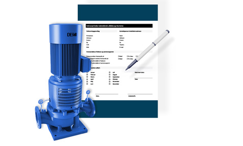 Blue DESMI centrifugal pump beside a form and pen.