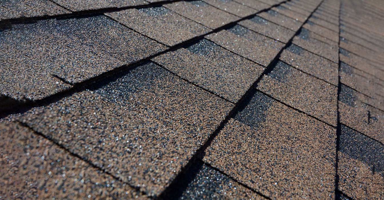 Close-up of textured asphalt roof shingles with sunlight reflecting on them.