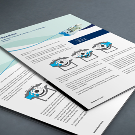 Folletos que presentan soluciones industriales de DESMI para la industria del chocolate, con imágenes y diagramas.
