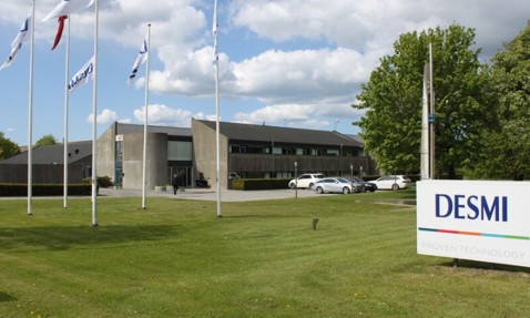 DESMI建筑外观，悬挂着旗帜和标牌，阳光明媚的日子。