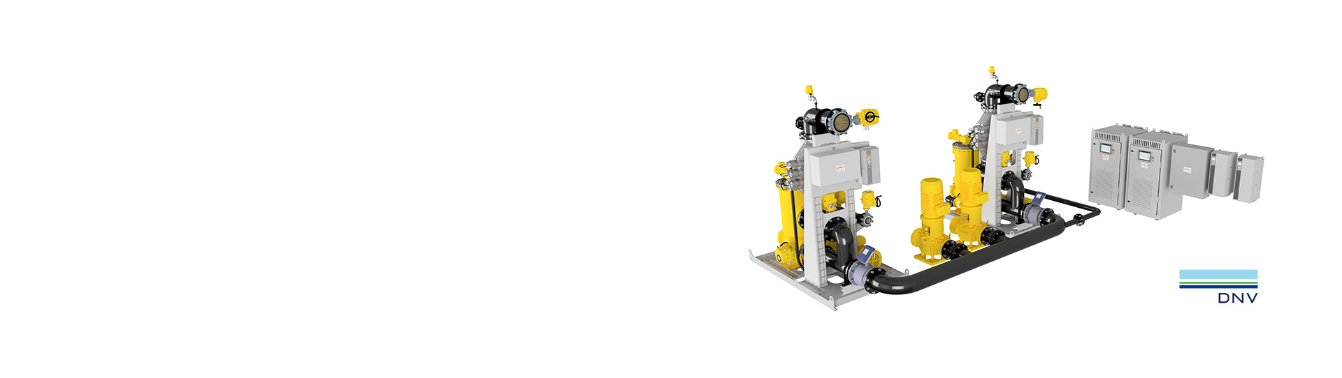 Yellow industrial pumps and control panels with a DNV logo, for fluid handling.