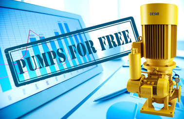 Pompe DESMI à côté d'un graphique à barres avec le texte superposé « PUMPS FOR FREE ».