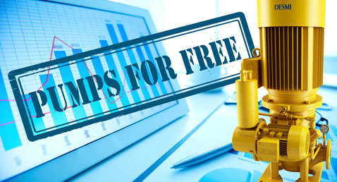 DESMI pump next to a bar graph with "PUMPS FOR FREE" text overlay.