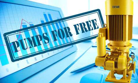 DESMI pump next to a bar graph with "PUMPS FOR FREE" text overlay.