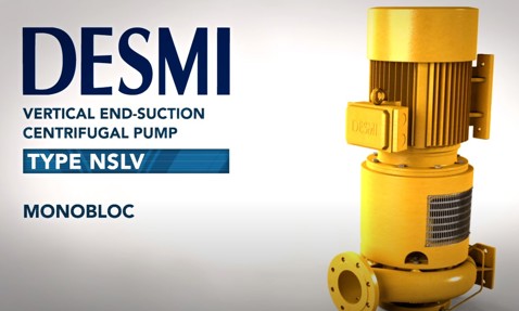 DESMI vertical end-suction centrifugal pump, Type NSLV, Monobloc design for fluid handling.