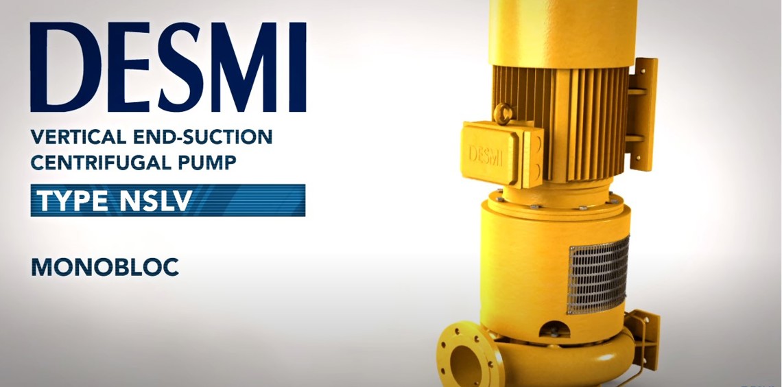 DESMI vertical end-suction centrifugal pump, Type NSLV, Monobloc design for fluid handling.