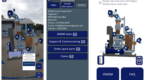 DESMI app interface displaying pump system details and contact information for support.