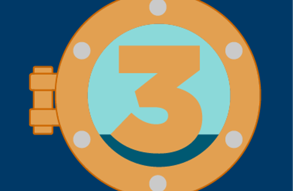 Number three inside a circular porthole on a dark blue background.