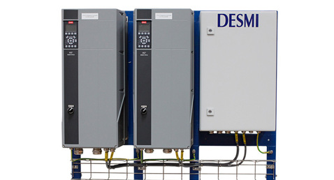 DESMI control panel and equipment for fluid handling, featuring multiple units.