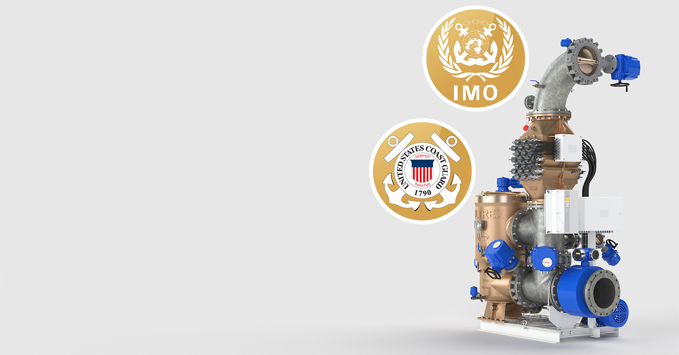 Industrial equipment with IMO and U.S. Coast Guard certification logos displayed above.
