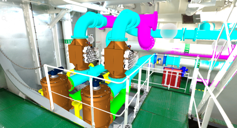 Industrial piping system with color-coded pipes and valves in a mechanical room.