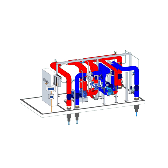 Industrial piping system with red and blue pipes for fluid handling.